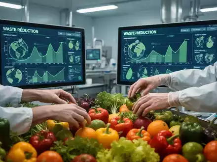 Hände sortieren frisches Gemüse neben einem Bildschirm mit Daten zur Abfallreduzierung in einer modernen Anlage. - Foto: über boerse-global.de
