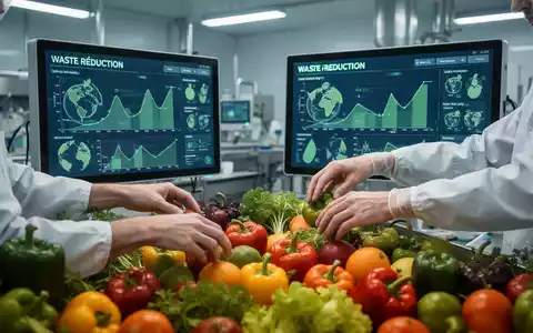 Hände sortieren frisches Gemüse neben einem Bildschirm mit Daten zur Abfallreduzierung in einer modernen Anlage. - Foto: über boerse-global.de
