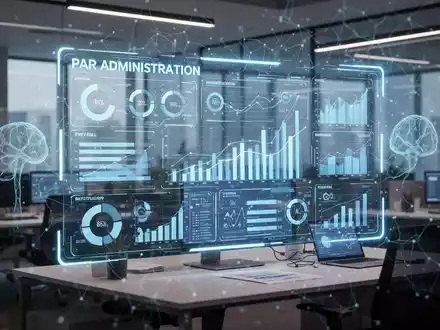 Ein stilisiertes Büro mit einem digitalen Bildschirm, der komplexe Datenvisualisierungen zur Personalabrechnung und HR-Administration zeigt. - Foto: über boerse-global.de