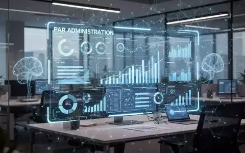 Ein stilisiertes Büro mit einem digitalen Bildschirm, der komplexe Datenvisualisierungen zur Personalabrechnung und HR-Administration zeigt. - Foto: über boerse-global.de