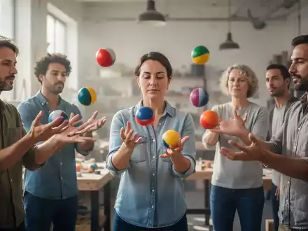 Eine Gruppe Erwachsener jongliert konzentriert mit bunten Bällen in einem hellen Workshop-Raum, was Stressabbau und Konzentration symbolisiert. - Foto: über boerse-global.de