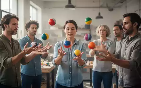Eine Gruppe Erwachsener jongliert konzentriert mit bunten Bällen in einem hellen Workshop-Raum, was Stressabbau und Konzentration symbolisiert. - Foto: über boerse-global.de