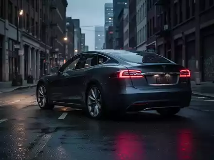 Ein Tesla Model S steht bei Dämmerung auf einer leeren, nassen Stadtstraße. Die Atmosphäre ist ruhig und melancholisch. - Foto: über boerse-global.de