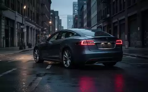 Ein Tesla Model S steht bei Dämmerung auf einer leeren, nassen Stadtstraße. Die Atmosphäre ist ruhig und melancholisch. - Foto: über boerse-global.de