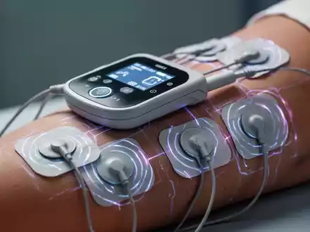 Nahaufnahme eines TENS/EMS-Geräts mit Elektroden auf einem menschlichen Arm, das elektrische Stimulation zur Schmerzlinderung und Muskelregeneration zeigt. - Foto: über boerse-global.de
