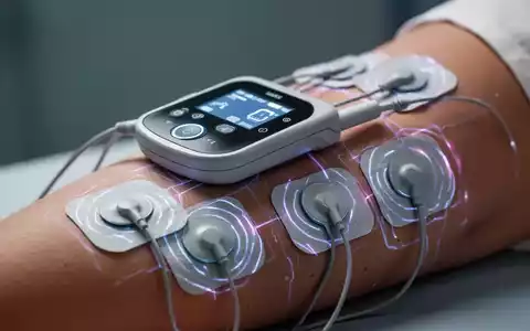 Nahaufnahme eines TENS/EMS-Geräts mit Elektroden auf einem menschlichen Arm, das elektrische Stimulation zur Schmerzlinderung und Muskelregeneration zeigt. - Foto: über boerse-global.de