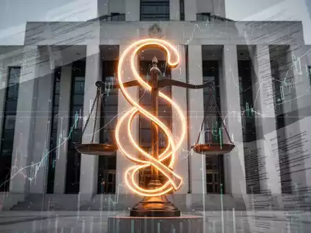 Ein stilisiertes Paragrafenzeichen oder eine Waage der Gerechtigkeit vor einem modernen Regierungsgebäude, das rechtliche und finanzielle Änderungen symbolisiert. - Foto: über boerse-global.de