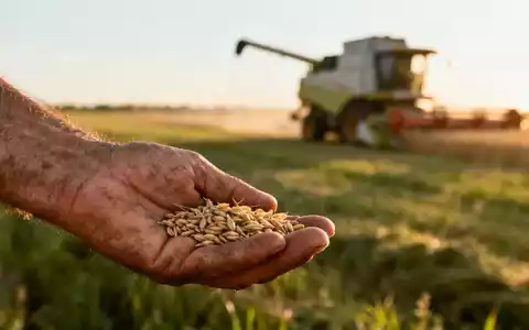 Eine verwitterte Hand eines Landwirts, die Getreide in einem sonnigen Feld inspiziert, mit landwirtschaftlichen Maschinen im Hintergrund. - Foto: über boerse-global.de
