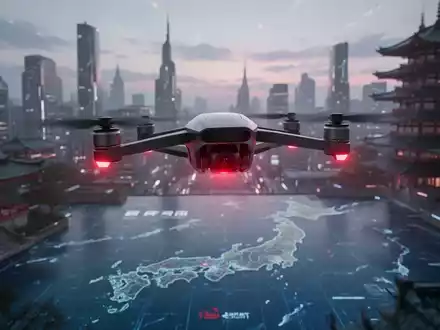 Eine moderne Drohne fliegt über eine japanische Stadt bei Sonnenuntergang und symbolisiert die Zusammenarbeit zwischen Red Cat und Japan. - Foto: über boerse-global.de