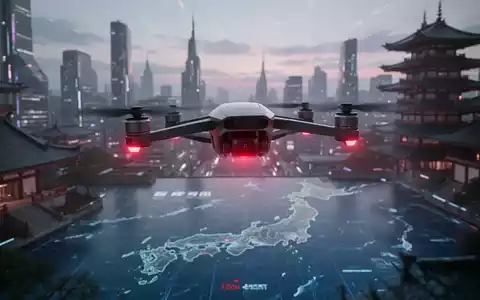 Eine moderne Drohne fliegt über eine japanische Stadt bei Sonnenuntergang und symbolisiert die Zusammenarbeit zwischen Red Cat und Japan. - Foto: über boerse-global.de