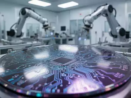 Nahaufnahme einer glänzenden Siliziumwafer mit komplexen Schaltkreisen und einem verschwommenen Hightech-Reinraum im Hintergrund. - Foto: über boerse-global.de