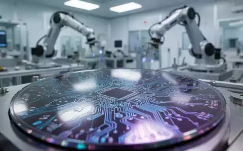 Nahaufnahme einer glänzenden Siliziumwafer mit komplexen Schaltkreisen und einem verschwommenen Hightech-Reinraum im Hintergrund. - Foto: über boerse-global.de