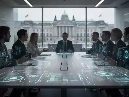 Ein moderner Konferenztisch mit digitalen Schnittstellen und verschwommenen Silhouetten von Personen, die sich unterhalten. - Foto: über boerse-global.de