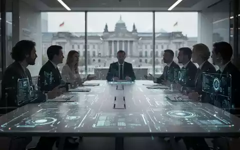 Ein moderner Konferenztisch mit digitalen Schnittstellen und verschwommenen Silhouetten von Personen, die sich unterhalten. - Foto: über boerse-global.de
