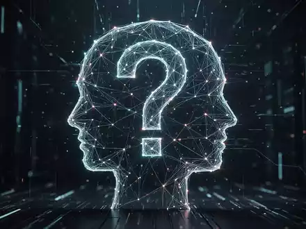 Eine stilisierte, abstrakte menschliche Kopfsilhouette aus digitalen Linien mit einem integrierten Fragezeichen vor dunklem Hintergrund. - Foto: über boerse-global.de