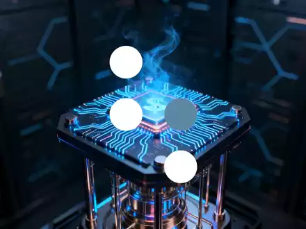 Ein stilisierter, leuchtender Quantencomputerprozessor mit blauen Lichtern und Schaltkreisen vor einem dunklen Hintergrund. - Foto: über boerse-global.de