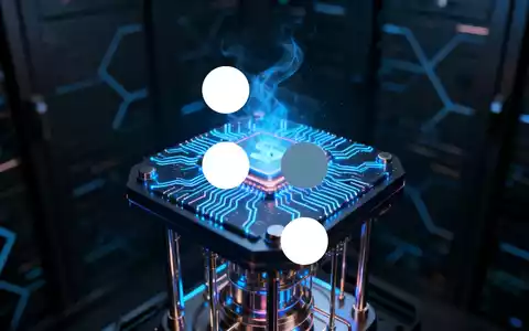 Ein stilisierter, leuchtender Quantencomputerprozessor mit blauen Lichtern und Schaltkreisen vor einem dunklen Hintergrund. - Foto: über boerse-global.de