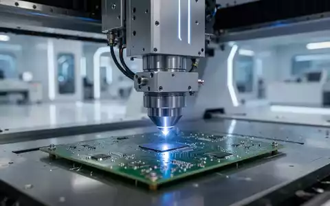 Nahaufnahme einer hochpräzisen Lasermaschine, die eine Leiterplatte schneidet, im Hintergrund eine moderne Industrieanlage. - Foto: über boerse-global.de