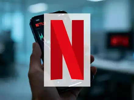 Eine Hand hält ein Smartphone mit einem abfallenden Netflix-Aktienchart, der einen starken Rückgang zeigt, in einem Büroambiente. - Foto: über boerse-global.de