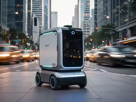 Ein autonomer Lieferroboter navigiert durch eine moderne Stadtlandschaft mit verschwommenem Stadtverkehr im Hintergrund. - Foto: über boerse-global.de