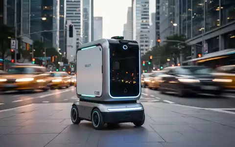 Ein autonomer Lieferroboter navigiert durch eine moderne Stadtlandschaft mit verschwommenem Stadtverkehr im Hintergrund. - Foto: über boerse-global.de