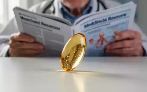 Nahaufnahme einer durchsichtigen Omega-3-Fischölkapsel, im unscharfen Hintergrund hält eine ältere Person ein medizinisches Fachjournal. - Foto: über boerse-global.de