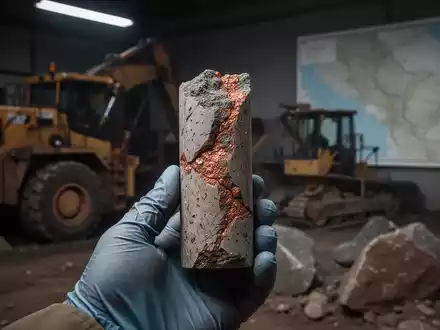 Nahaufnahme eines Bohrkerns mit Kupfermineralisierung, gehalten von einer Hand in einem Geologielabor. - Foto: über boerse-global.de