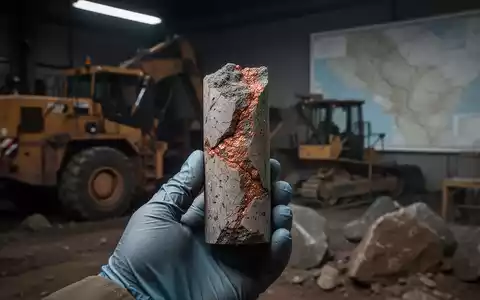 Nahaufnahme eines Bohrkerns mit Kupfermineralisierung, gehalten von einer Hand in einem Geologielabor. - Foto: über boerse-global.de
