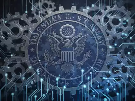 Abstract image showing intertwined digital circuits and a subtle government seal, symbolizing AI regulation and oversight. - Foto: über boerse-global.de