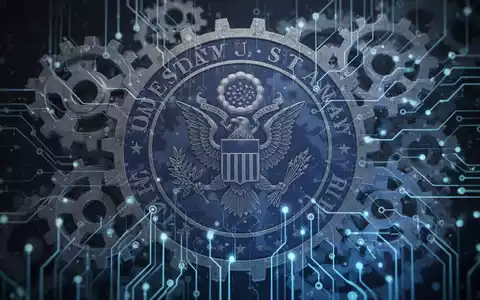 Abstract image showing intertwined digital circuits and a subtle government seal, symbolizing AI regulation and oversight. - Foto: über boerse-global.de