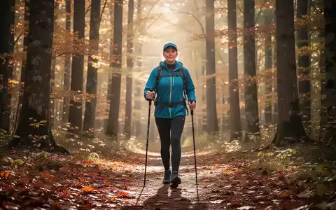 Eine Person beim Nordic Walking durch einen sonnigen Herbstwald. - Foto: über boerse-global.de