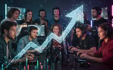 Eine stilisierte, nach oben zeigende Pfeilform aus digitalen Elementen, überlagert über eine unscharfe Gaming-Szene. - Foto: über boerse-global.de