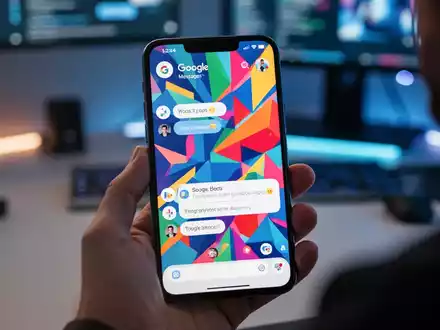 A smartphone showing a Google Messages chat with a custom, colorful geometric theme. A hand holds the phone in a blurred office setting. - Foto: über boerse-global.de