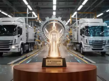 Ein stilisierter Award-Pokal mit Zahnrad- und Menschensilhouette, der Mitbestimmung und KI symbolisiert, auf einem Holzpodest. - Foto: über boerse-global.de