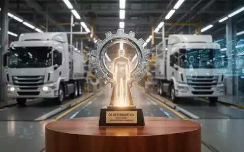 Ein stilisierter Award-Pokal mit Zahnrad- und Menschensilhouette, der Mitbestimmung und KI symbolisiert, auf einem Holzpodest. - Foto: über boerse-global.de