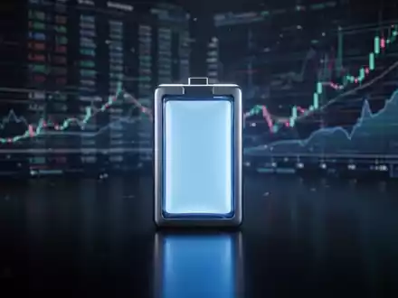 Eine futuristische Lithium-Ionen-Batteriezelle mit blauem Licht und verschwommenen digitalen Finanzdaten im Hintergrund. - Foto: über boerse-global.de