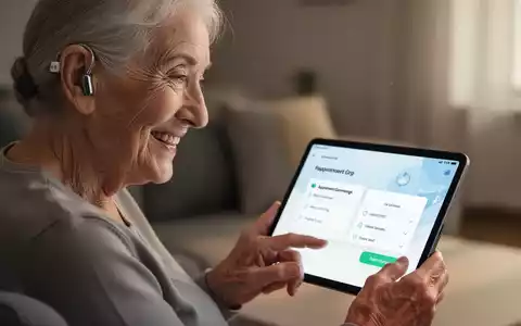 Eine lächelnde ältere Frau mit modernen Hörgeräten, die eine Terminbuchungs-App auf einem Tablet verwendet. - Foto: über boerse-global.de