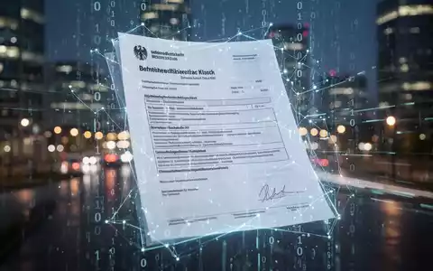 Eine stilisierte, leuchtende digitale Darstellung eines deutschen Steuerdokuments mit Binärcode und Datenströmen vor verschwommenen Stadtlichtern. - Foto: über boerse-global.de