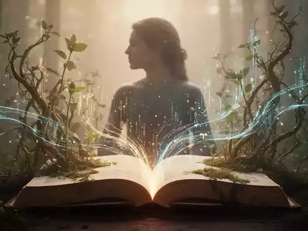 Ein offenes Buch, aus dem leuchtende Datenströme und Pflanzen wachsen, mit einer nachdenklichen Silhouette im Hintergrund. - Foto: über boerse-global.de