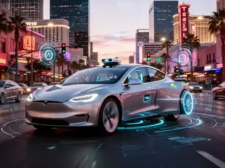 A sleek, futuristic Tesla robotaxi drives through a vibrant city at dusk, showcasing advanced autonomous technology. - Foto: über boerse-global.de
