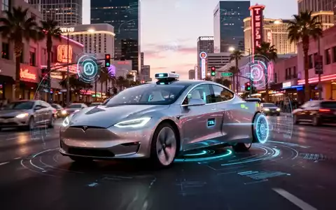 A sleek, futuristic Tesla robotaxi drives through a vibrant city at dusk, showcasing advanced autonomous technology. - Foto: über boerse-global.de