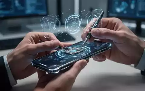 Hände reparieren ein Smartphone mit Augmented-Reality-Tools, die über den Bildschirm schweben. - Foto: über boerse-global.de