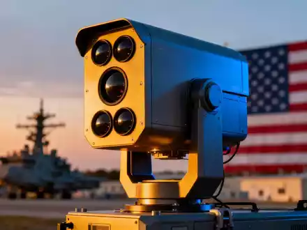 Modernes Drohnenabwehrsystem mit Sensoren vor dem Hintergrund einer US-Militärbasis bei Sonnenuntergang. - Foto: über boerse-global.de