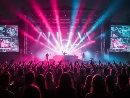 Eine Konzertbühne, beleuchtet in Magenta und Blau, mit einer jubelnden Menschenmenge davor. Symbolisiert ein Musikfestival und Streaming. - Foto: über boerse-global.de