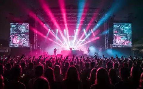 Eine Konzertbühne, beleuchtet in Magenta und Blau, mit einer jubelnden Menschenmenge davor. Symbolisiert ein Musikfestival und Streaming. - Foto: über boerse-global.de