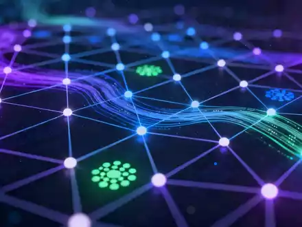 Abstrakte Darstellung eines digitalen Netzwerks mit leuchtenden Knoten und Datenströmen, symbolisch für ein Blockchain-Testnet. - Foto: über boerse-global.de