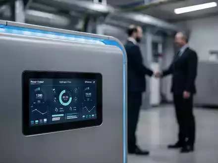 Nahaufnahme eines futuristischen Wasserstoff-Brennstoffzellen-Generators mit verschwommenen Geschäftsleuten im Hintergrund bei einem Händedruck. - Foto: über boerse-global.de