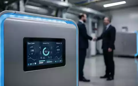 Nahaufnahme eines futuristischen Wasserstoff-Brennstoffzellen-Generators mit verschwommenen Geschäftsleuten im Hintergrund bei einem Händedruck. - Foto: über boerse-global.de