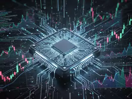 A close-up of an illuminated, advanced AI chip with detailed circuits, surrounded by digital data streams and financial charts. - Foto: über boerse-global.de