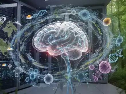 A glowing, futuristic brain model with neural pathways surrounded by environmental and medical data visualizations, symbolizing AI in healthcare and environmental prediction. - Foto: über boerse-global.de